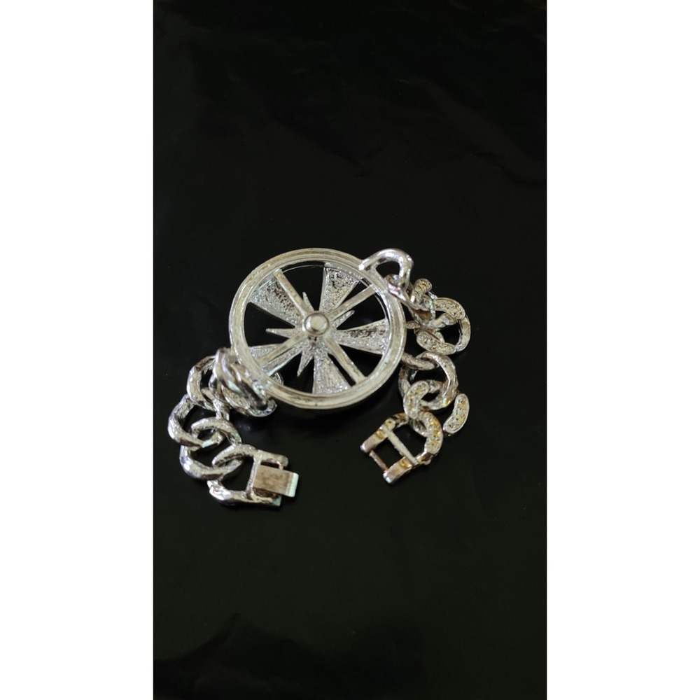 Y2K Silver Tone Rhinestone Spinner Wheel Bracelet Chunky Statement 7" 69g